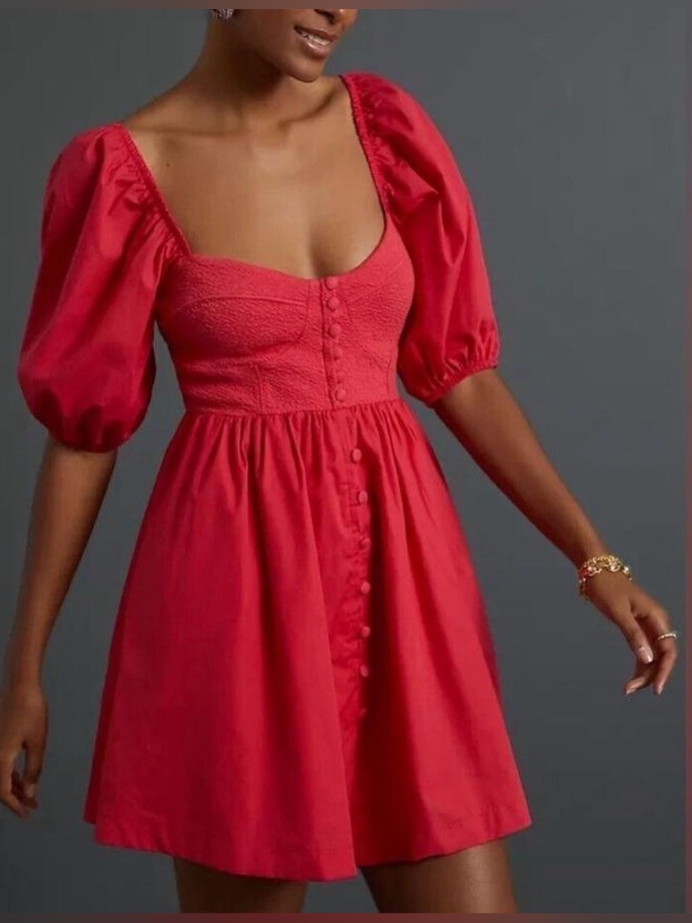 Maeve Red Puff-Sleeve Sweetheart Button-Front Mini Dress with Textured Bodice.M